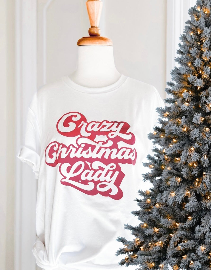 Crazy Christmas Lady. Tee in White